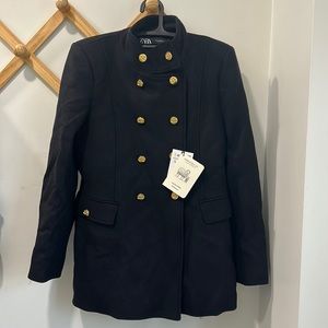 Zara Double Breasted Military Wool Blend Peacoat Jacket Size L Manteco Fabric